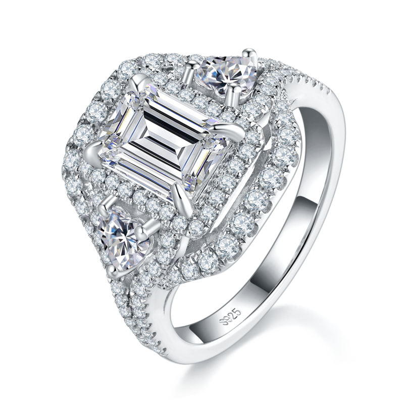 Affordable Luxury围镶长方钻Women's RingS925银镀白金定制选款副石Moissanite1.0ct/副石高碳钻