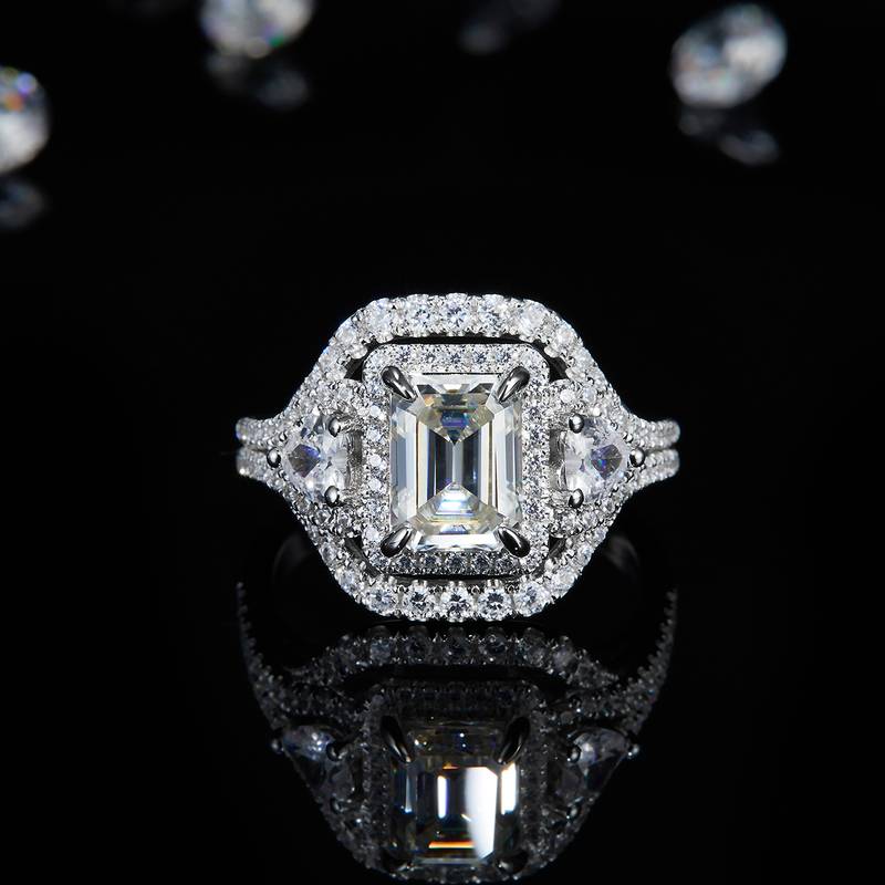 Affordable Luxury围镶长方钻Women's RingS925银镀白金定制选款副石Moissanite1.0ct/副石高碳钻