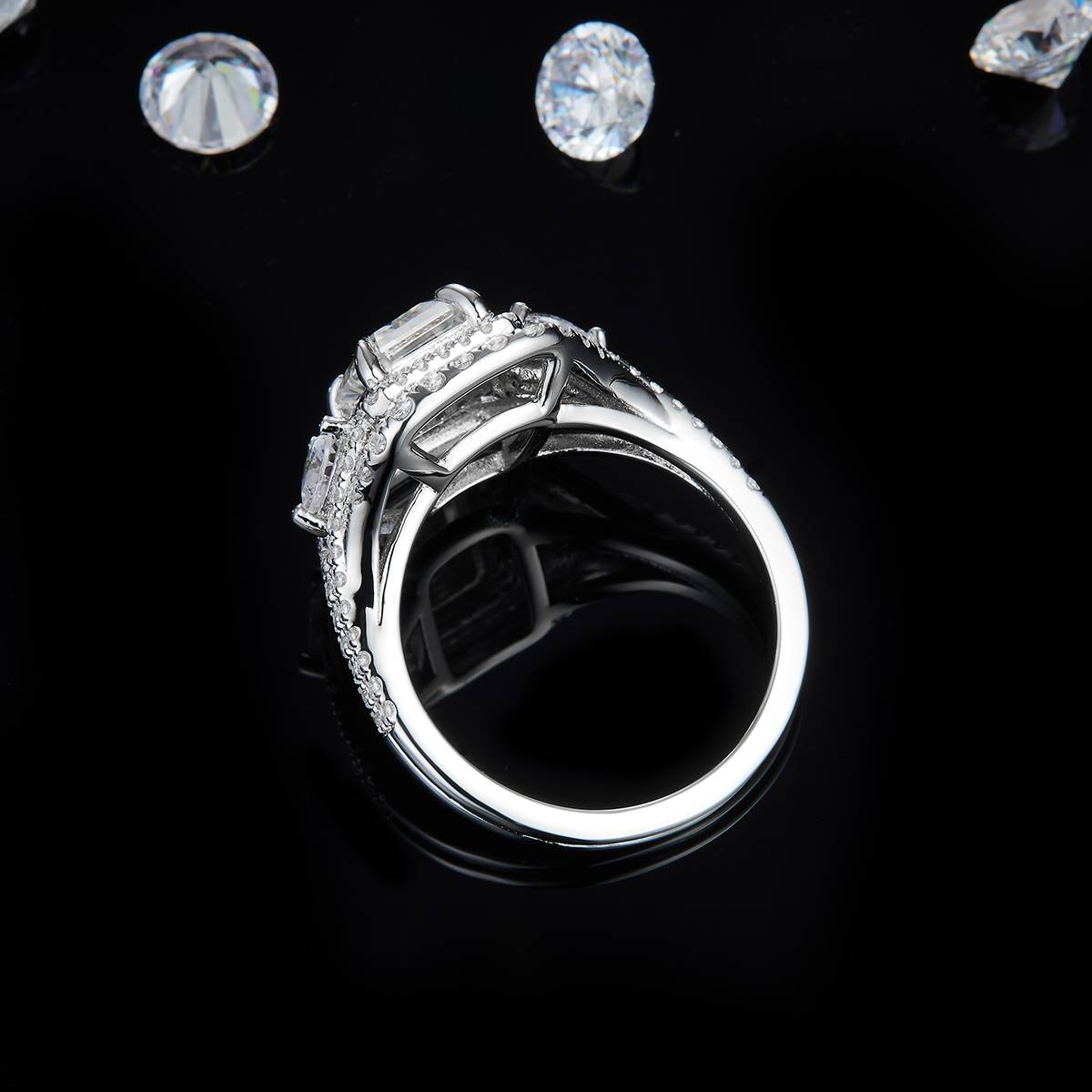 Light luxury surround set rectangular diamond women's ring S925 silver plated platinum custom selection Side Stone Moissanite 1.0ct/Side Stone Cubic Zirconia