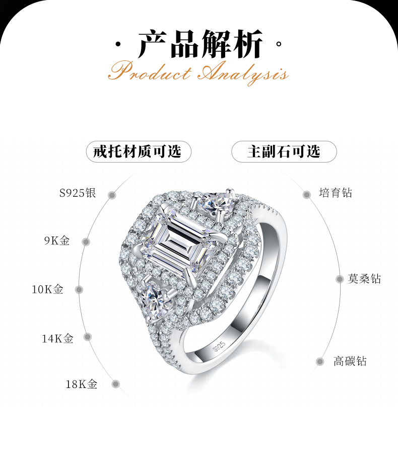 轻奢围镶长方钻女戒S925银镀白金定制选款副石莫桑钻1.0ct/副石高碳钻 - 2