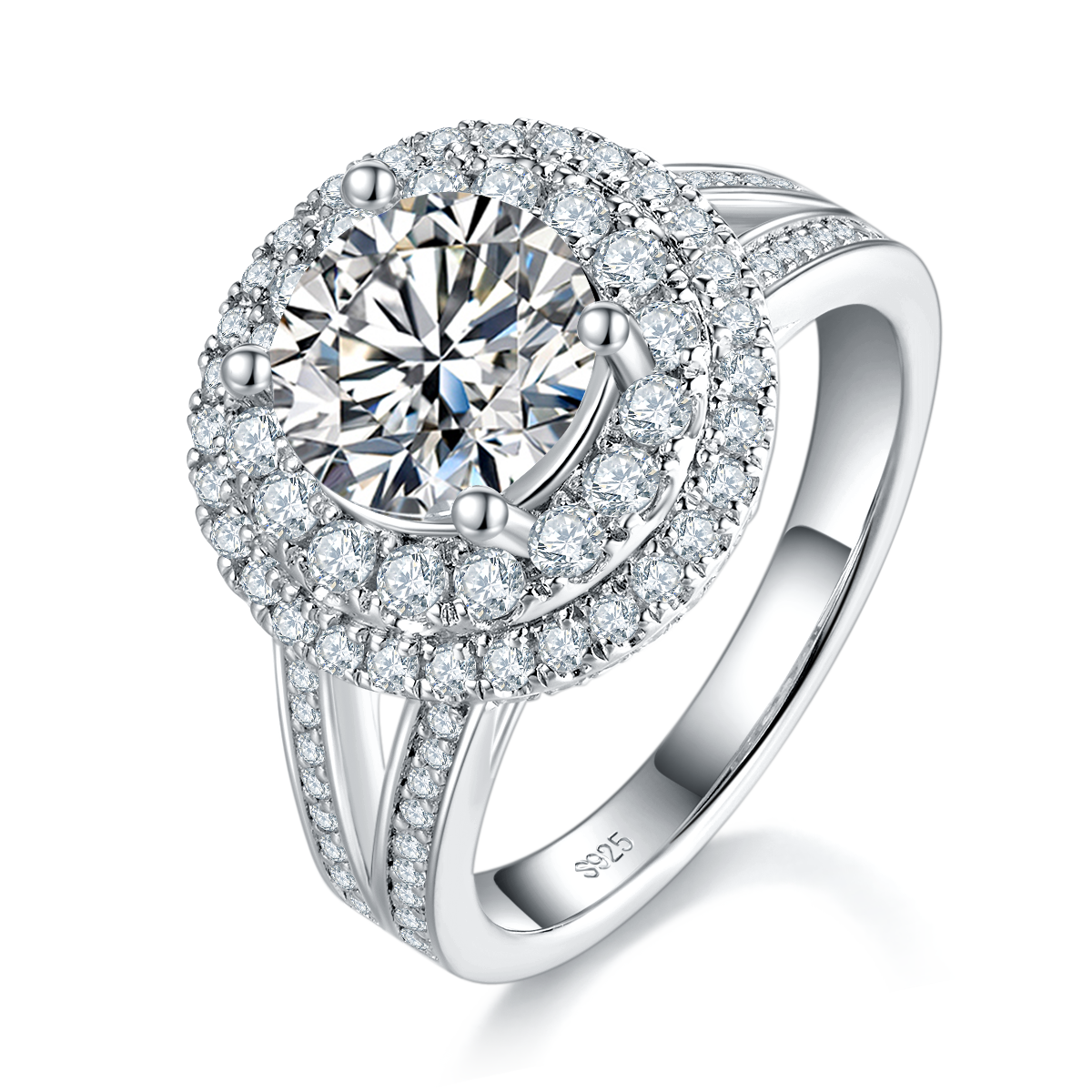 Y-arm luxury round bag women's ring S925 silver plated white gold customized selection main stone Moissanite 2.0ct/Side Stone Cubic Zirconia
