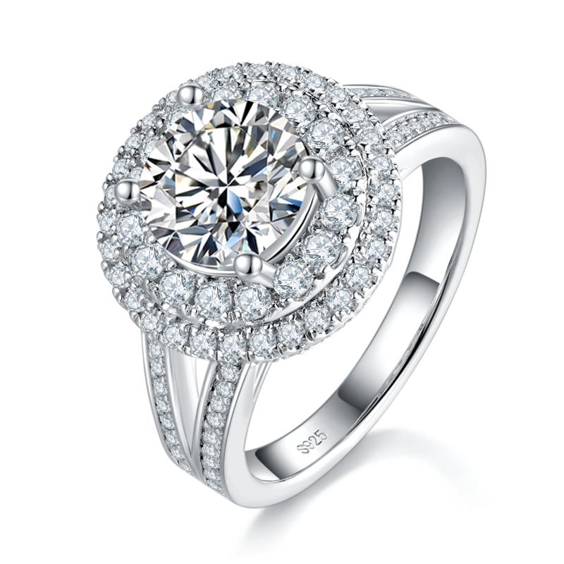 Y臂豪华圆包Women's RingS925银镀白金定制选款主石Moissanite2.0ct/副石高碳钻