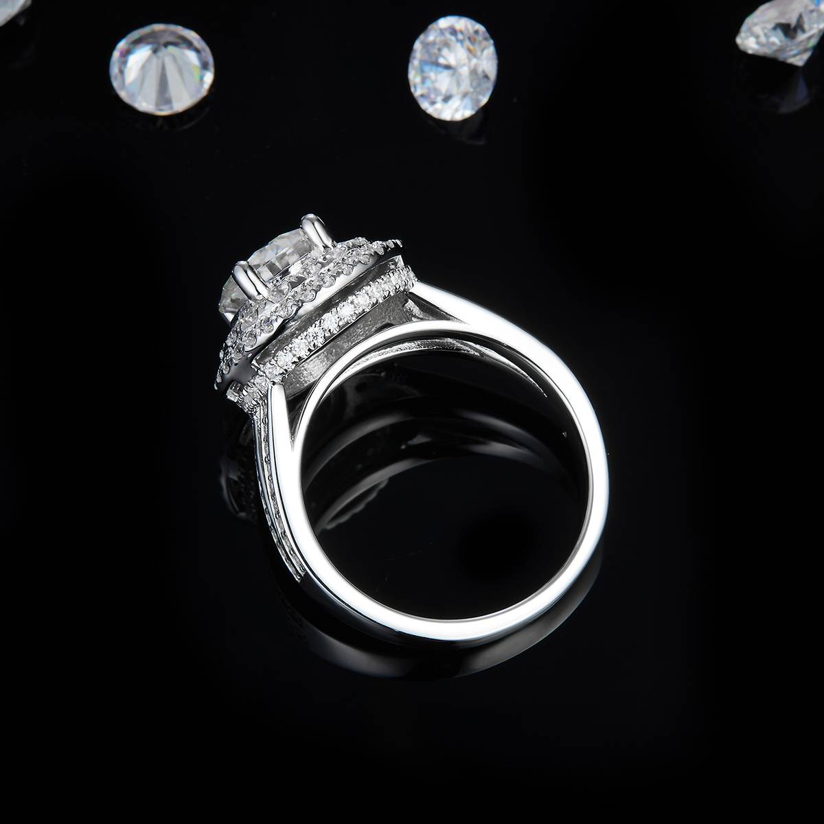 Y-arm luxury round bag women's ring S925 silver plated white gold customized selection main stone Moissanite 2.0ct/Side Stone Cubic Zirconia