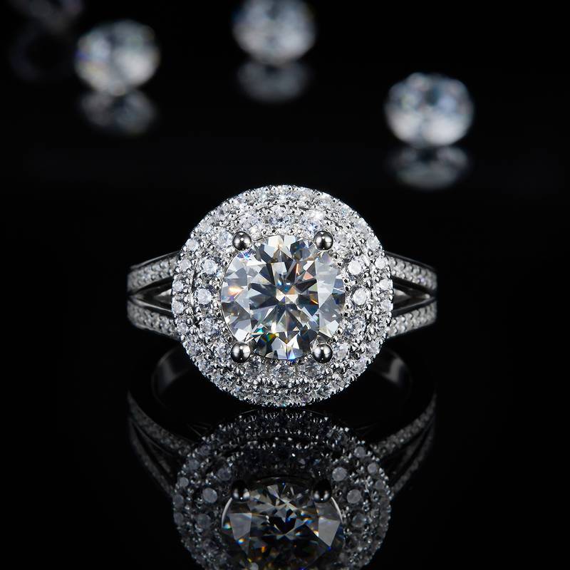 Y臂豪华圆包Women's RingS925银镀白金定制选款主石Moissanite2.0ct/副石高碳钻