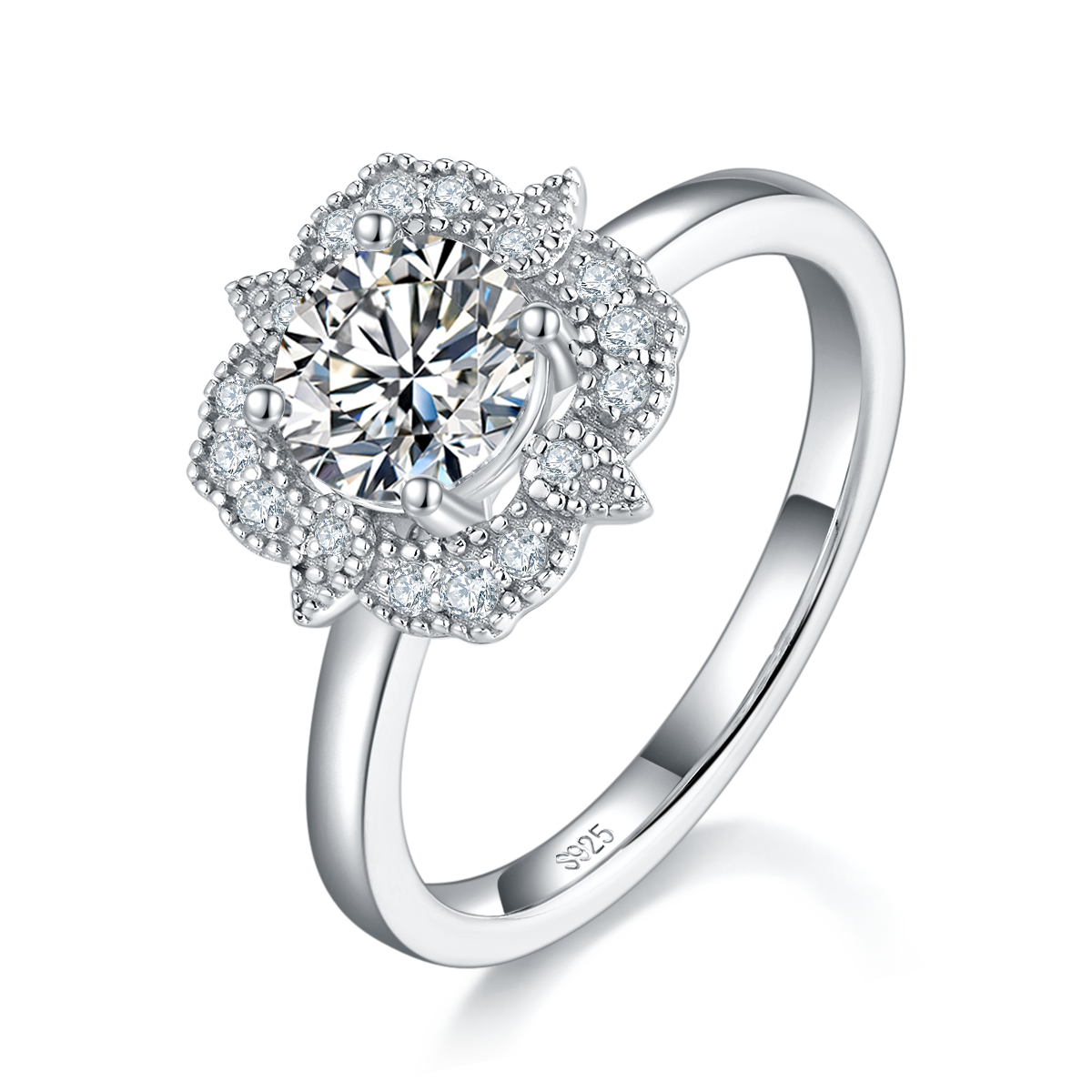 Single Head Women's Ring S925 Silver Plated Platinum Customized Selection Main Stone Moissanite 1.0ct/Side Stone Cubic Zirconia