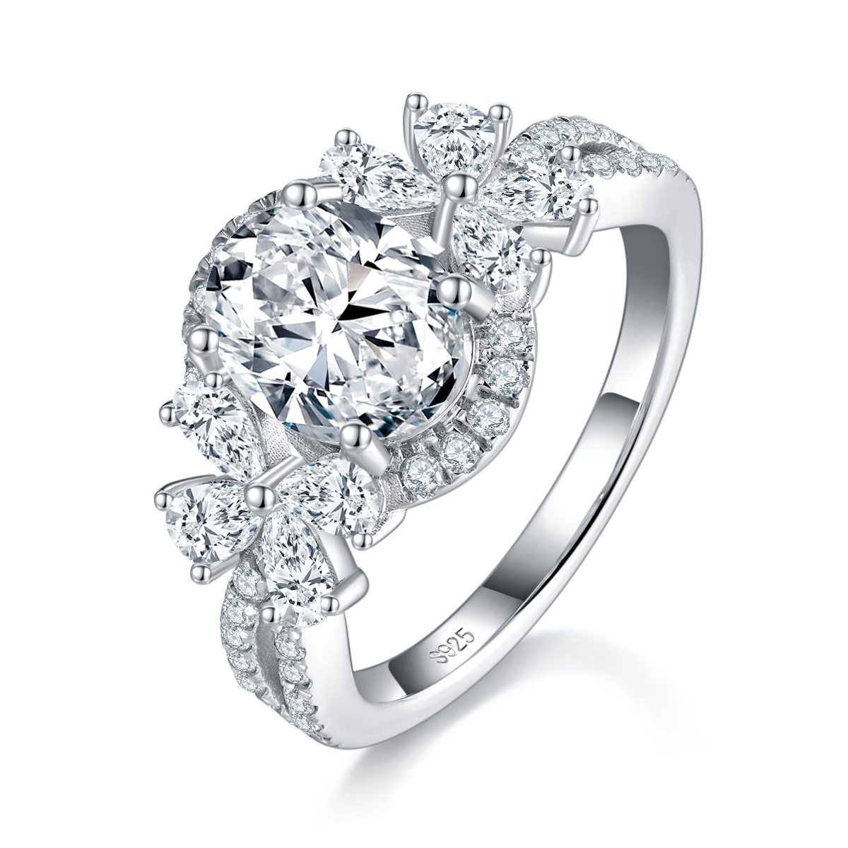 Oval Women's Ring S925 Silver Plated Platinum Customized Selection Main Stone Moissanite 2.0ct/Side Stone Cubic Zirconia
