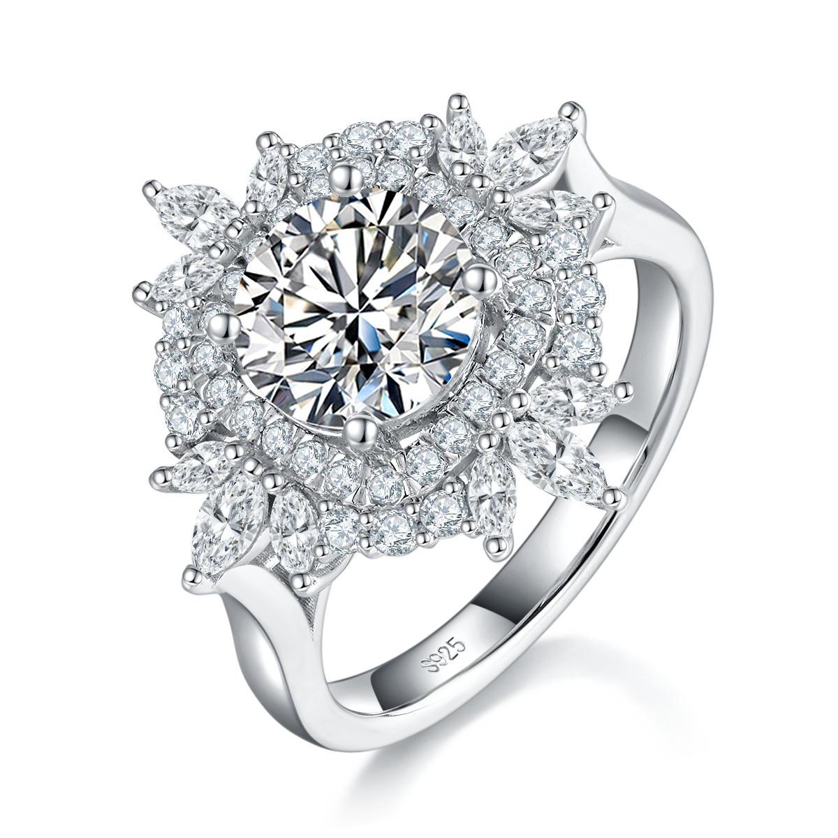 Luxury Full Diamond Women's Ring S925 Silver Plated Platinum Customized Selection Main Stone Moissanite 2.0ct/Side Stone Cubic Zirconia