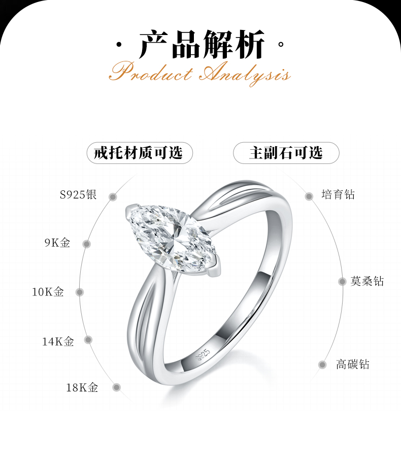 马眼钻女戒S925银镀白金定制选款主石莫桑钻1.0ct - 2