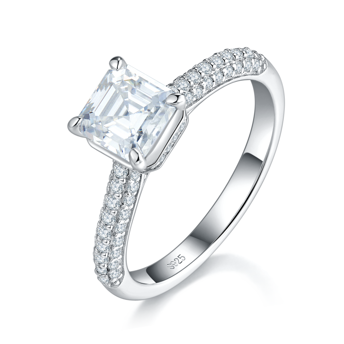 Asscher Cut Women's Ring S925 Silver Plated Platinum Customized Selection Main Stone Moissanite 1.0ct/Side Stone Cubic Zirconia