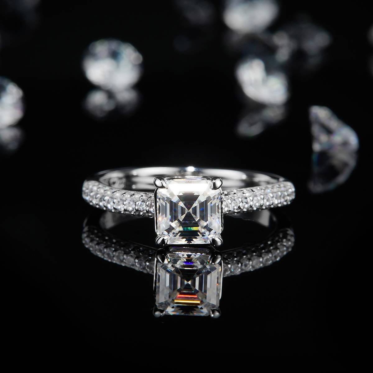 Asscher Cut Women's Ring S925 Silver Plated Platinum Customized Selection Main Stone Moissanite 1.0ct/Side Stone Cubic Zirconia