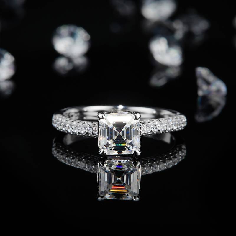 阿斯切割Women's RingS925银镀白金定制选款主石Moissanite1.0ct/副石高碳钻