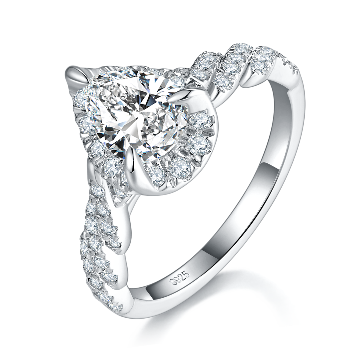 水滴切割女戒S925银镀白金定制选款主石莫桑钻1.25ct/副石高碳钻