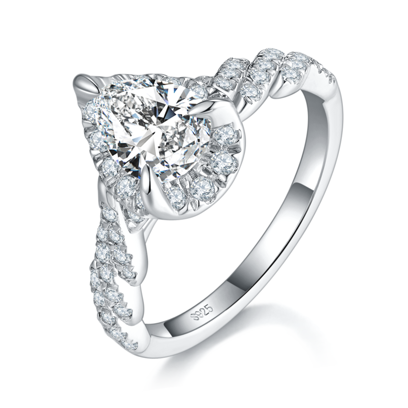 水滴切割Women's RingS925银镀白金定制选款主石Moissanite1.25ct/副石高碳钻