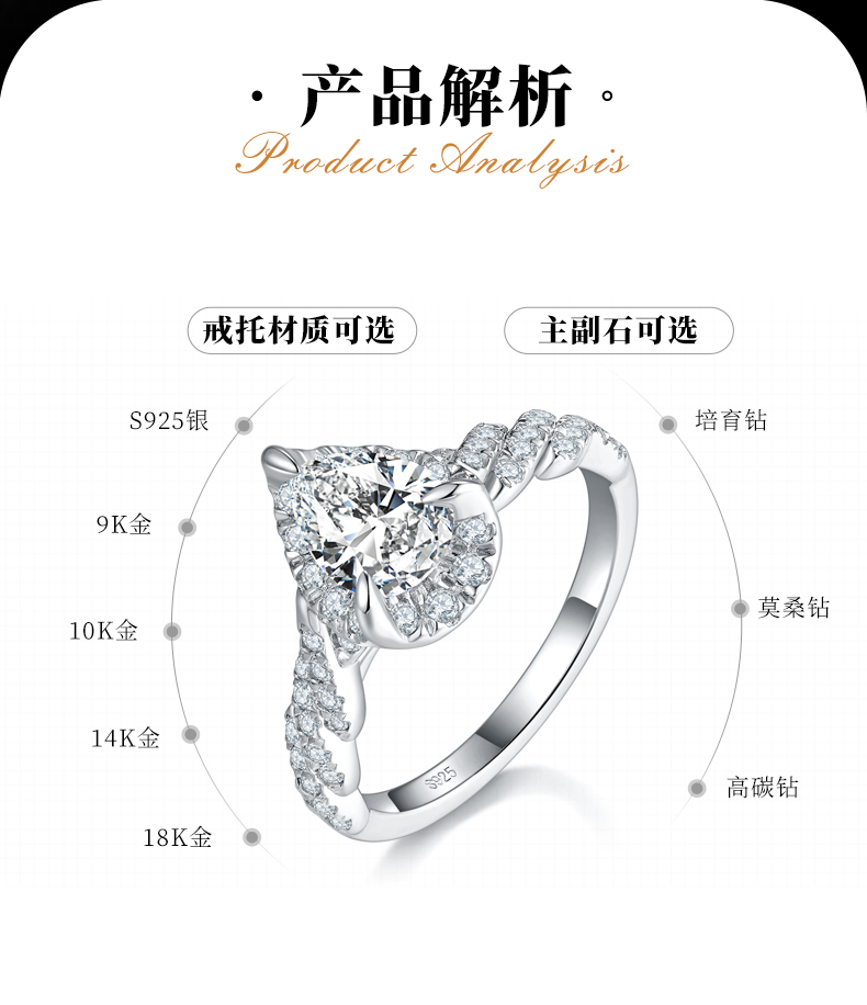 水滴切割女戒S925银镀白金定制选款主石莫桑钻1.25ct/副石高碳钻 - 2