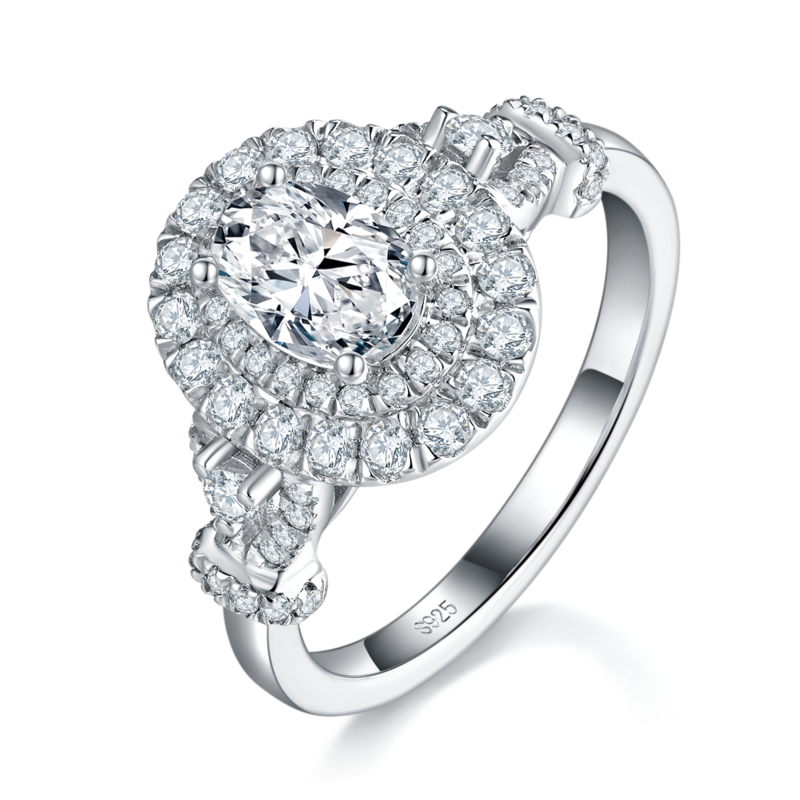 圆包蛋形切割钻Women's RingS925银镀白金定制选款主石Moissanite1.0ct/副石高碳钻
