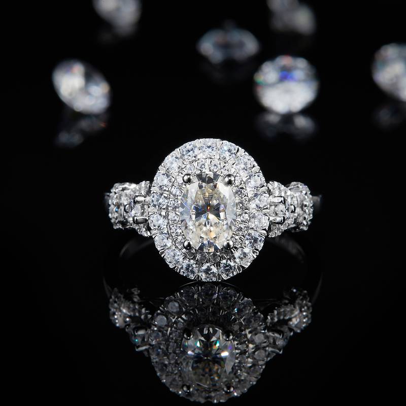 圆包蛋形切割钻Women's RingS925银镀白金定制选款主石Moissanite1.0ct/副石高碳钻