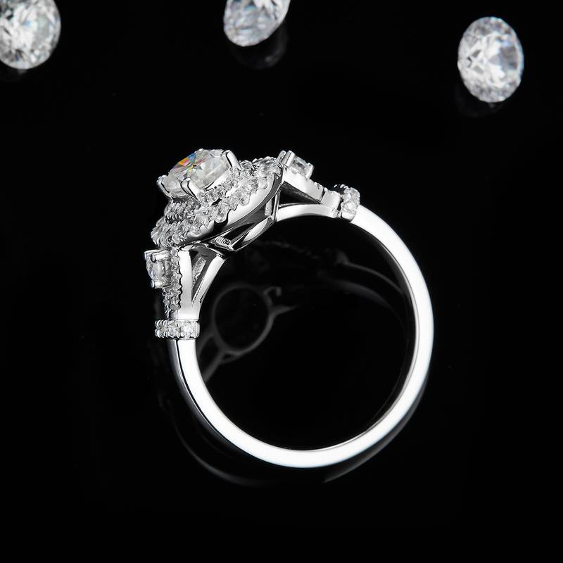 圆包蛋形切割钻Women's RingS925银镀白金定制选款主石Moissanite1.0ct/副石高碳钻