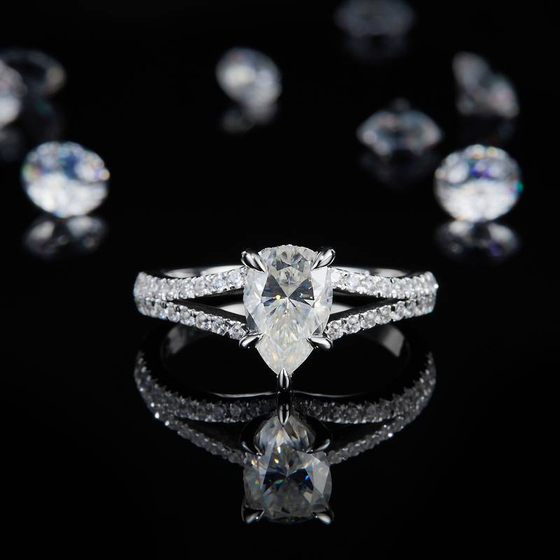 Y臂水滴钻Women's RingS925银镀白金定制选款主石Moissanite1.5ct/副石高碳钻