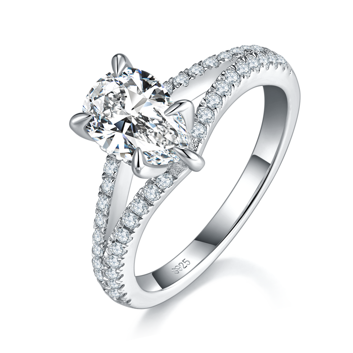 Y臂水滴钻女戒S925银镀白金定制选款主石莫桑钻1.5ct/副石高碳钻