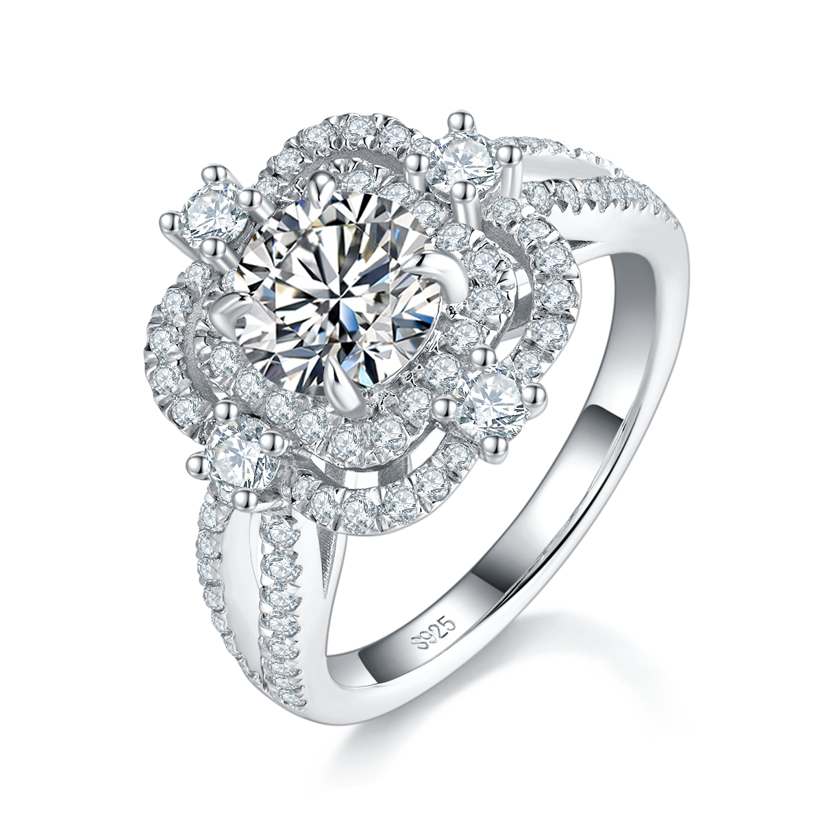 轻奢女戒S925银镀白金定制选款主石莫桑钻1.0ct/副石高碳钻