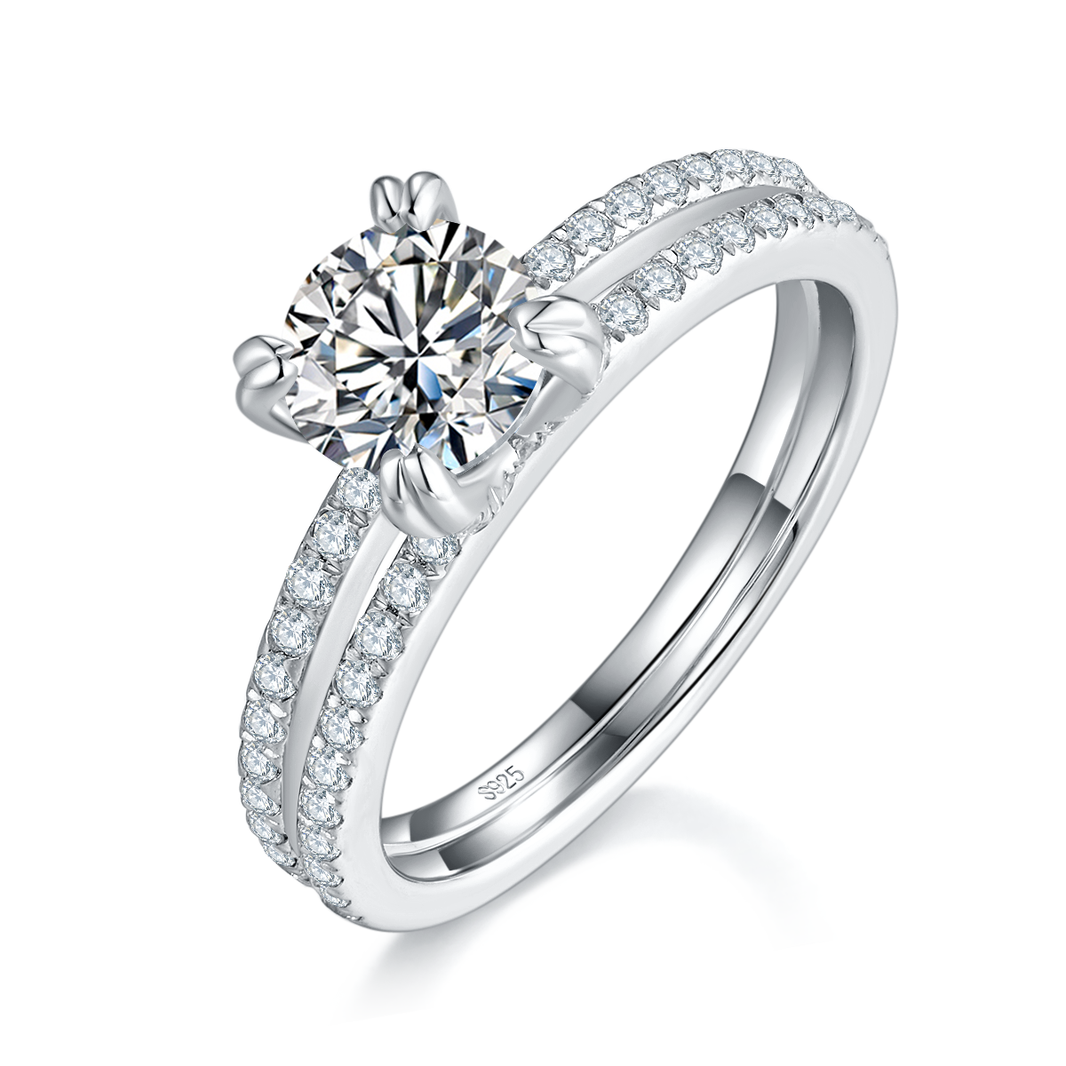 双臂轻奢四爪女戒S925银镀白金定制选款主石莫桑钻1.0ct/副石高碳钻