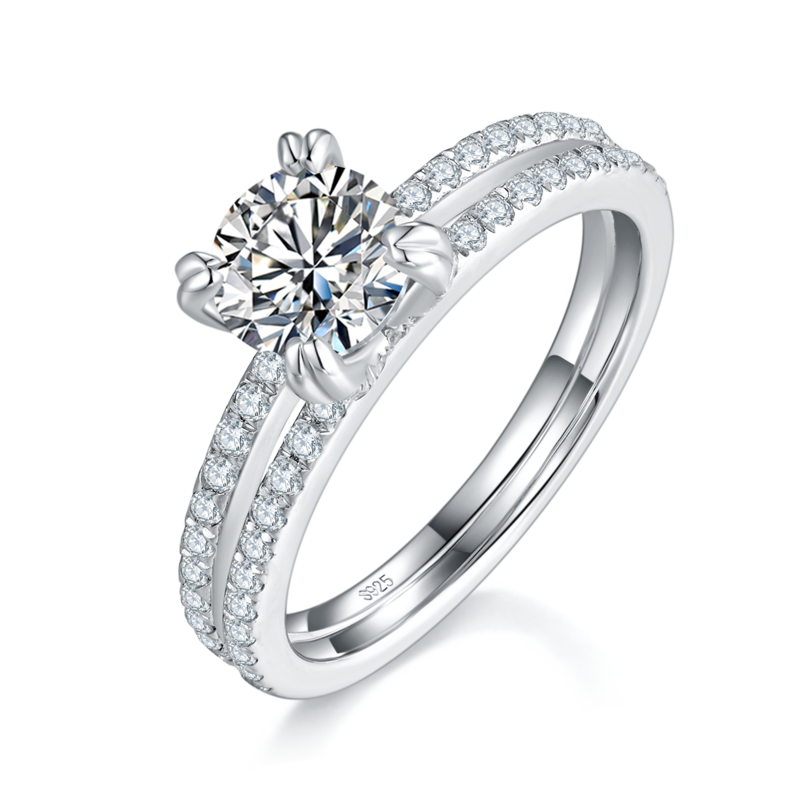 双臂Affordable Luxury四爪Women's RingS925银镀白金定制选款主石Moissanite1.0ct/副石高碳钻