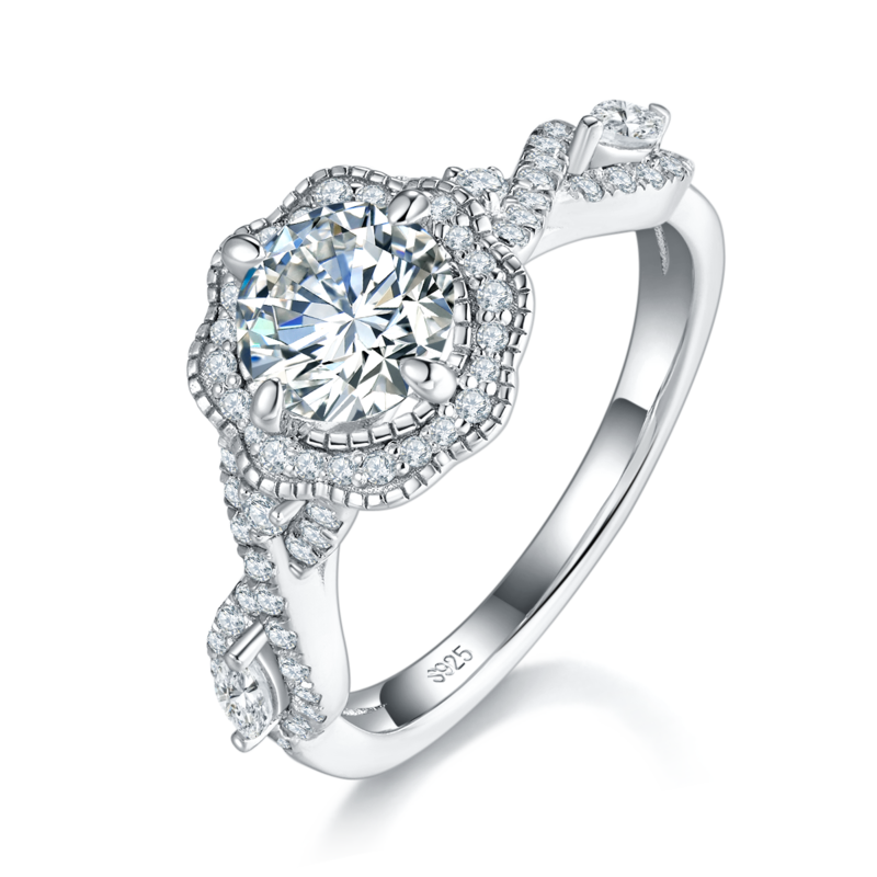 扭臂花瓣Women's RingS925银镀白金定制选款主石Moissanite1.0ct/副石高碳钻