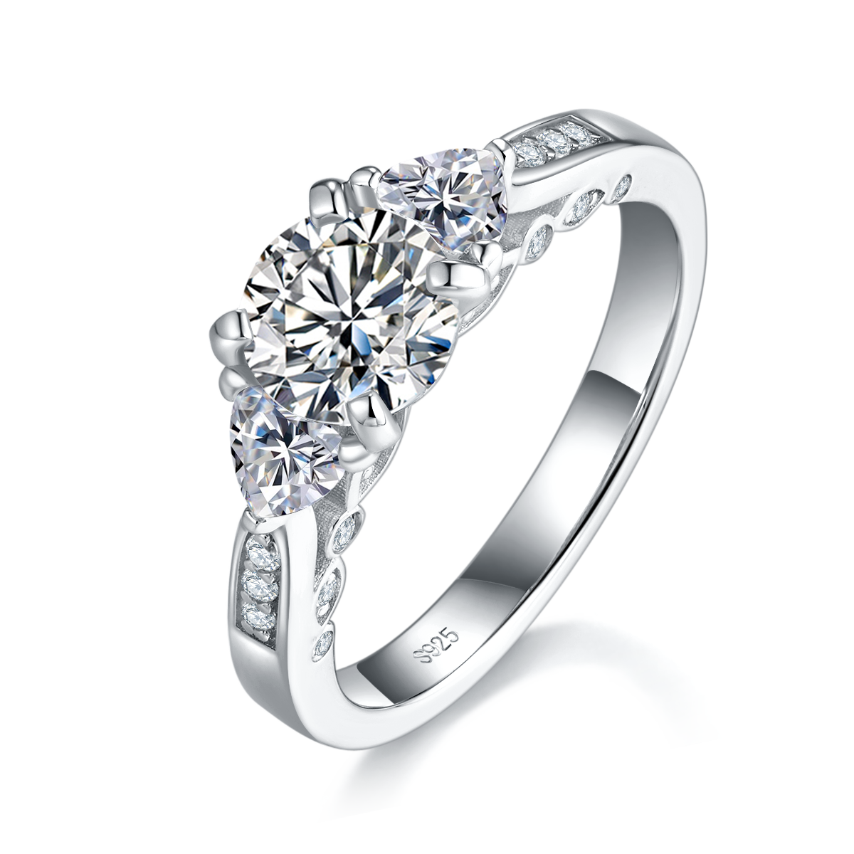 三石款圆钻女戒S925银镀白金定制选款主石莫桑钻2.0ct/副石高碳钻