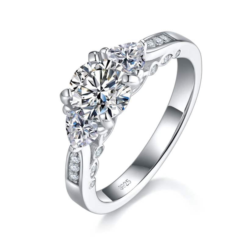 三石款圆钻Women's RingS925银镀白金定制选款主石Moissanite2.0ct/副石高碳钻