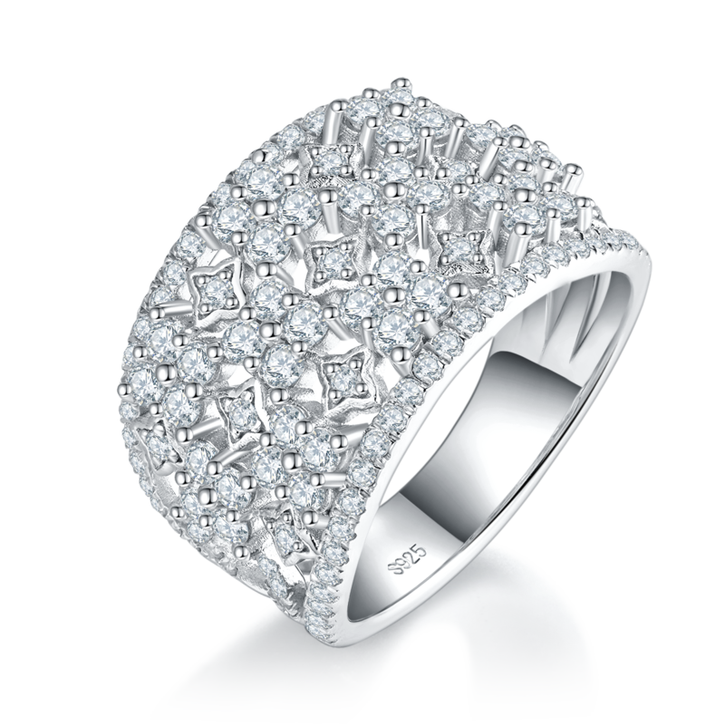 满钻排戒S925银镀白金女戒定制选款副石莫桑钻1.58ct