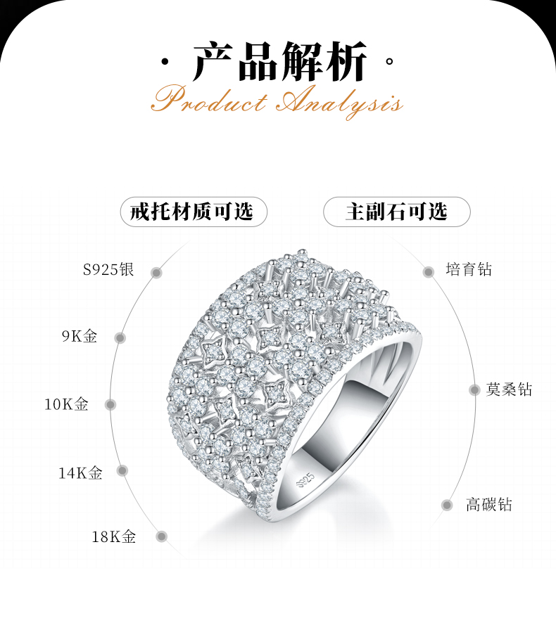 满钻排戒S925银镀白金女戒定制选款副石莫桑钻1.58ct - 2