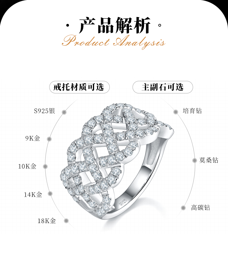满钻排戒S925银镀白金女戒定制选款副石莫桑钻1.26ct - 2