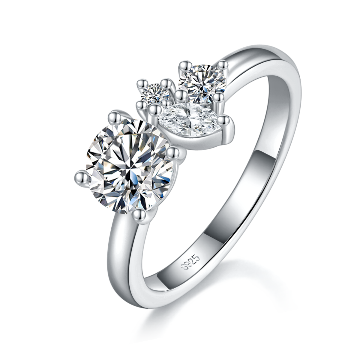 Four Claw Women's Ring S925 Silver Plated Platinum Customized Selection Main Stone Moissanite 1.0ct/Side Stone Cubic Zirconia