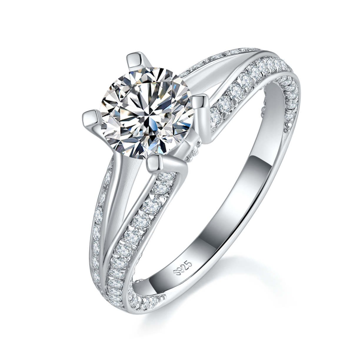 轻奢Y臂四爪女戒S925银镀白金定制选款主石莫桑钻1.0ct/副石高碳钻