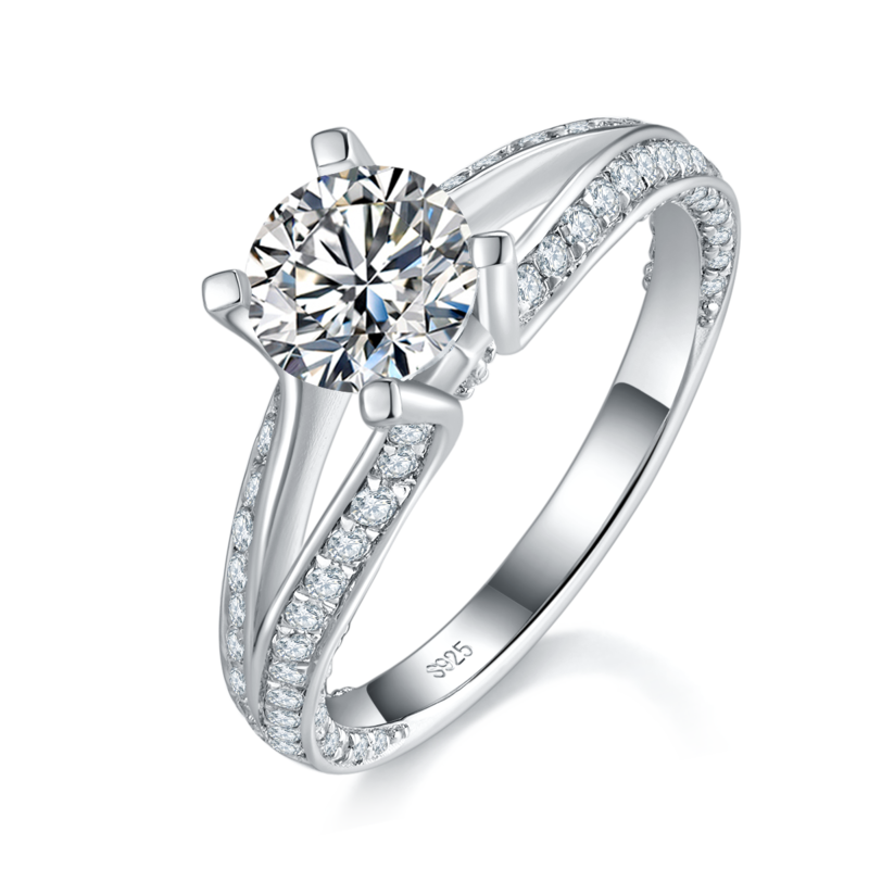 Affordable LuxuryY臂四爪Women's RingS925银镀白金定制选款主石Moissanite1.0ct/副石高碳钻