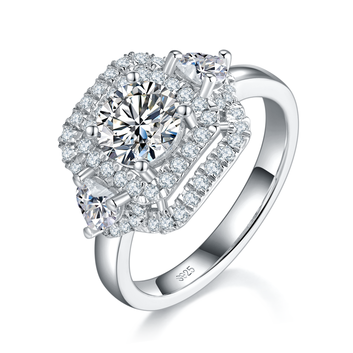 三石款方包女戒S925银镀白金定制选款主石莫桑钻1.0ct/副石高碳钻