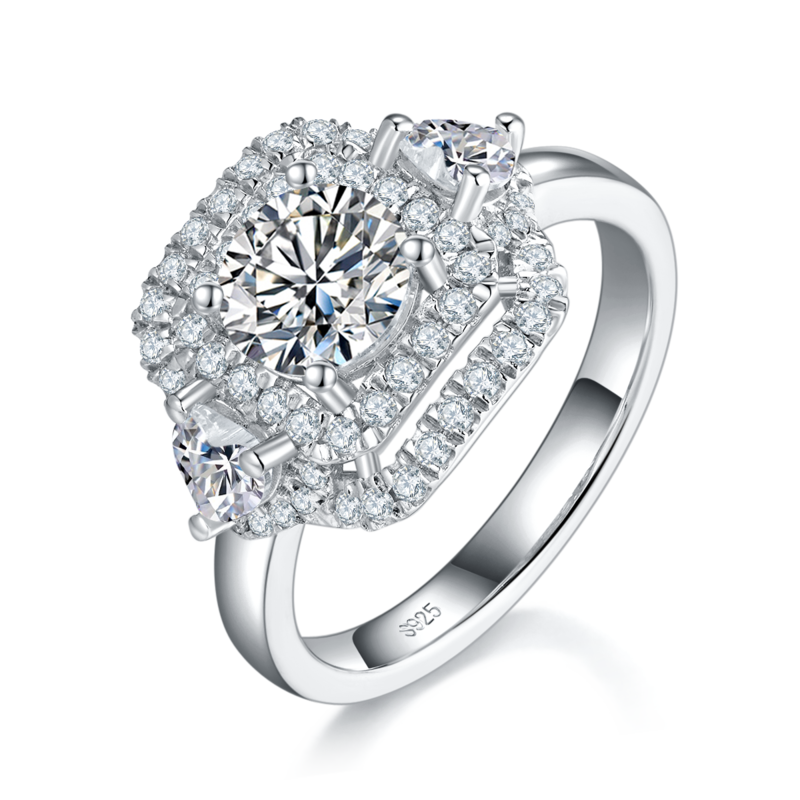 三石款方包Women's RingS925银镀白金定制选款主石Moissanite1.0ct/副石高碳钻