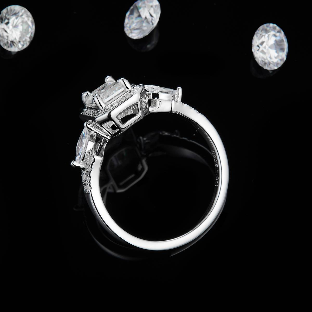 Three stone rectangular diamond women's ring S925 silver plated platinum custom selection main stone Moissanite 1.0ct/Side Stone Cubic Zirconia