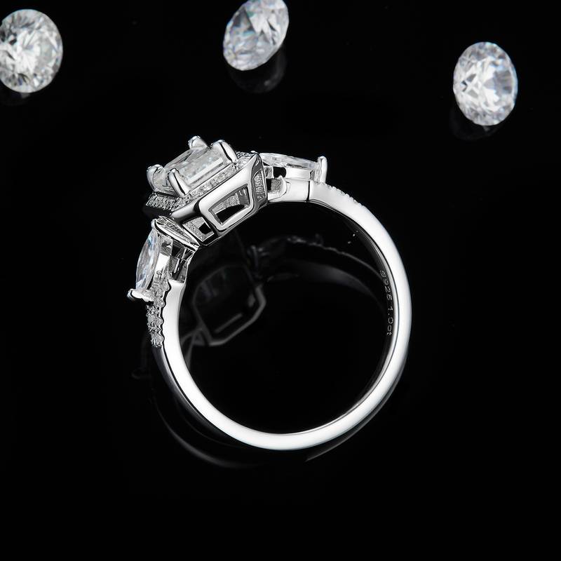 三石款长方钻Women's RingS925银镀白金定制选款主石Moissanite1.0ct/副石高碳钻