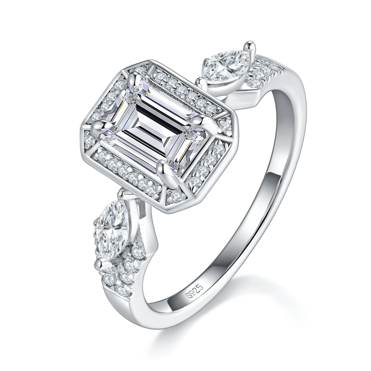 Three stone rectangular diamond women's ring S925 silver plated platinum custom selection main stone Moissanite 1.0ct/Side Stone Cubic Zirconia