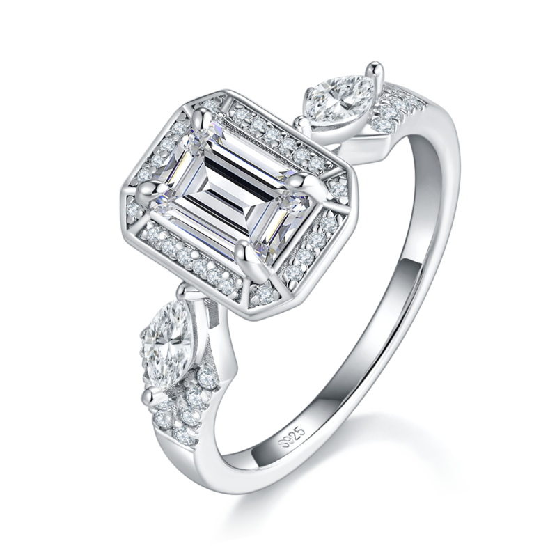 三石款长方钻Women's RingS925银镀白金定制选款主石Moissanite1.0ct/副石高碳钻