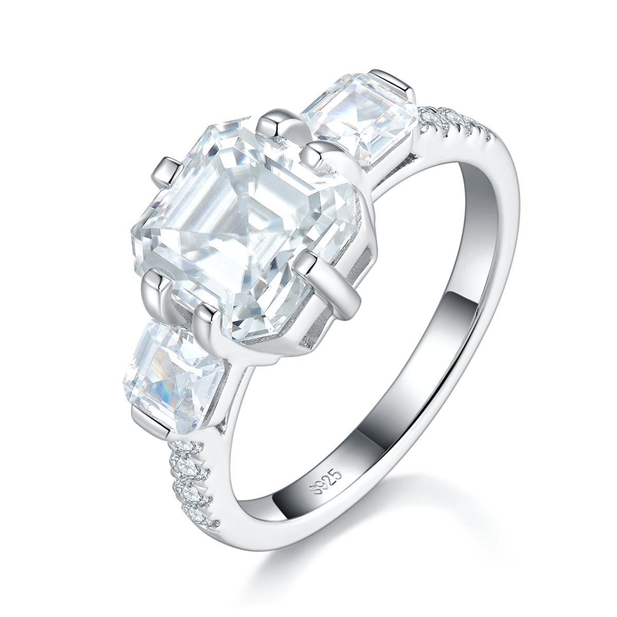 三石款方钻女戒S925银镀白金定制选款主石莫桑钻2.5ct/副石高碳钻