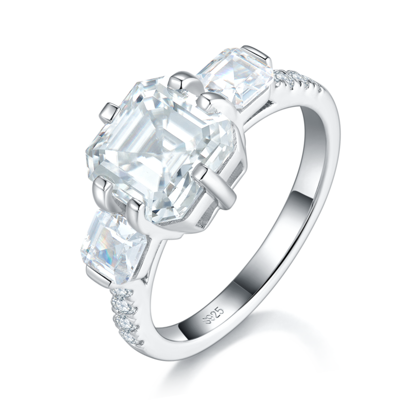 三石款方钻Women's RingS925银镀白金定制选款主石Moissanite2.5ct/副石高碳钻