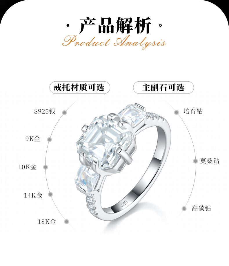 三石款方钻女戒S925银镀白金定制选款主石莫桑钻2.5ct/副石高碳钻 - 2