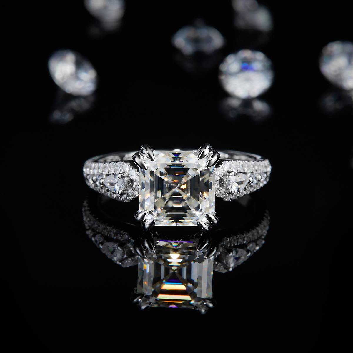 Light Luxury Square Diamond Women's Ring S925 Silver Plated Platinum Customized Selection Main Stone Moissanite 2.5ct/Side Stone Cubic Zirconia