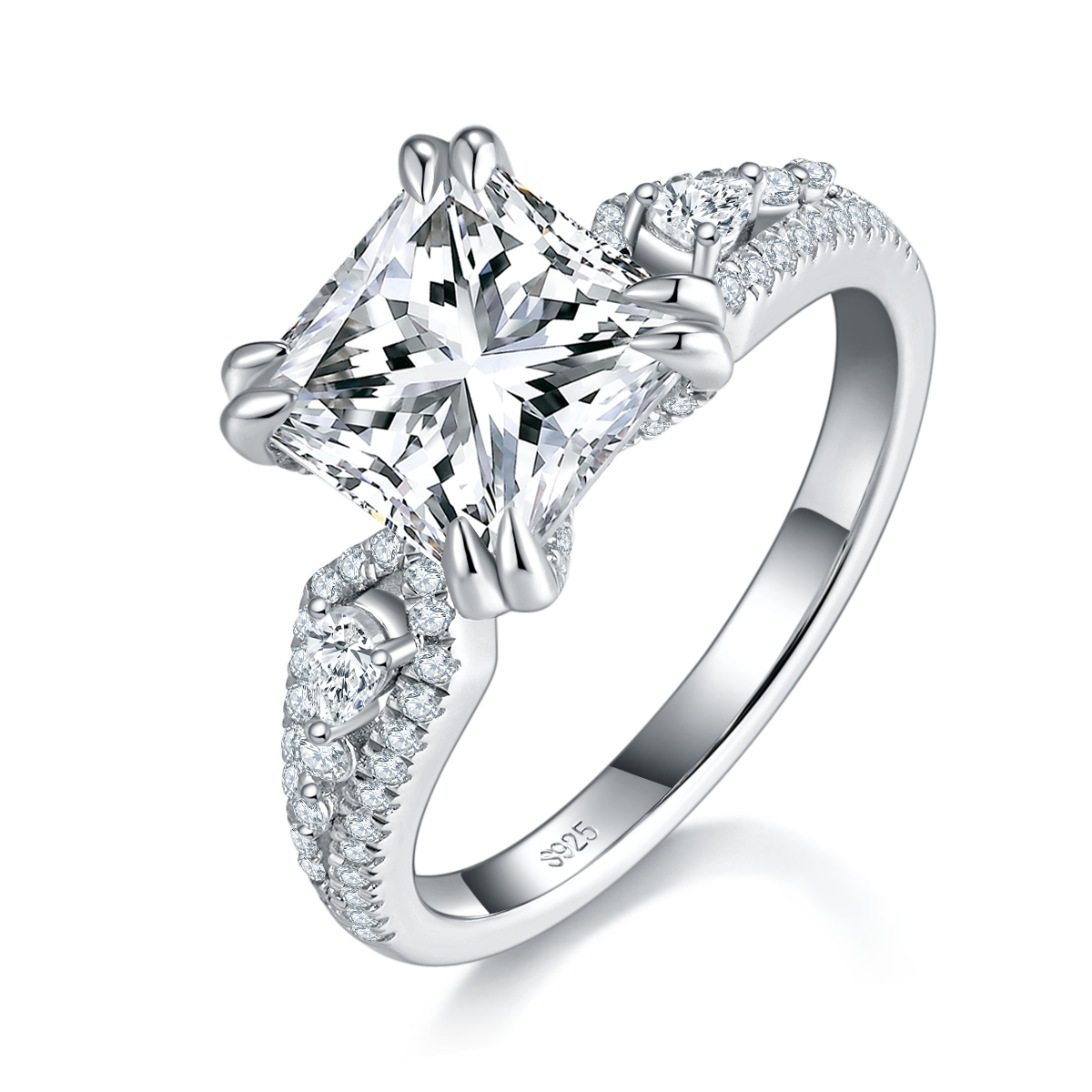 Light Luxury Square Diamond Women's Ring S925 Silver Plated Platinum Customized Selection Main Stone Moissanite 2.5ct/Side Stone Cubic Zirconia