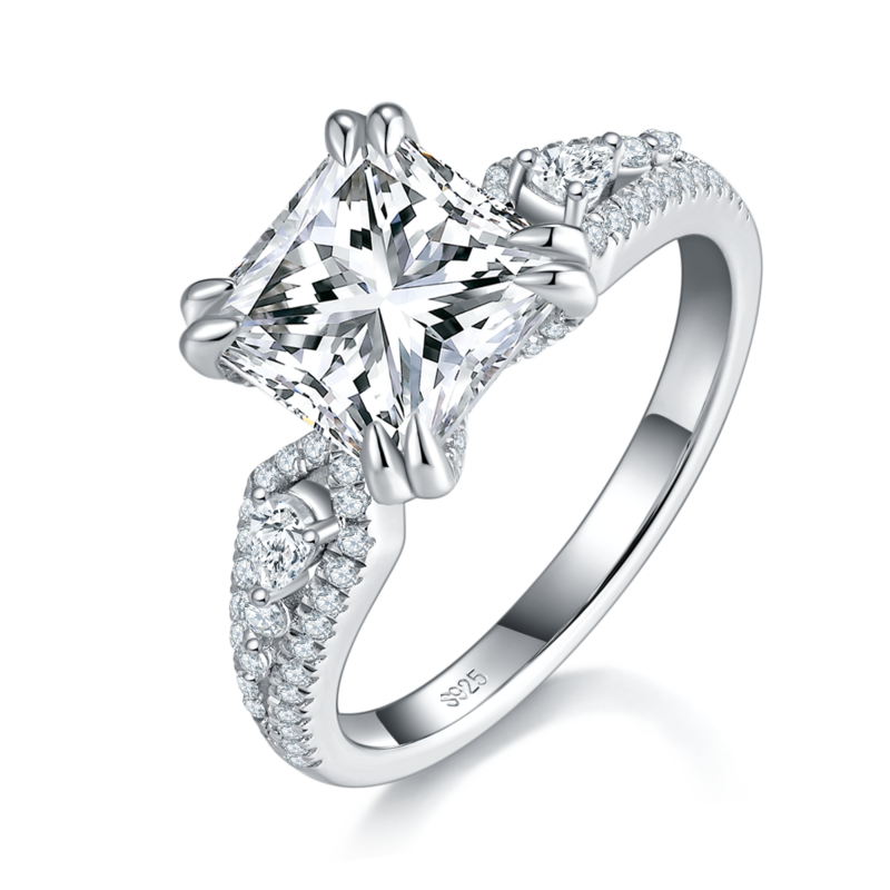 Affordable Luxury方钻Women's RingS925银镀白金定制选款主石Moissanite2.5ct/副石高碳钻