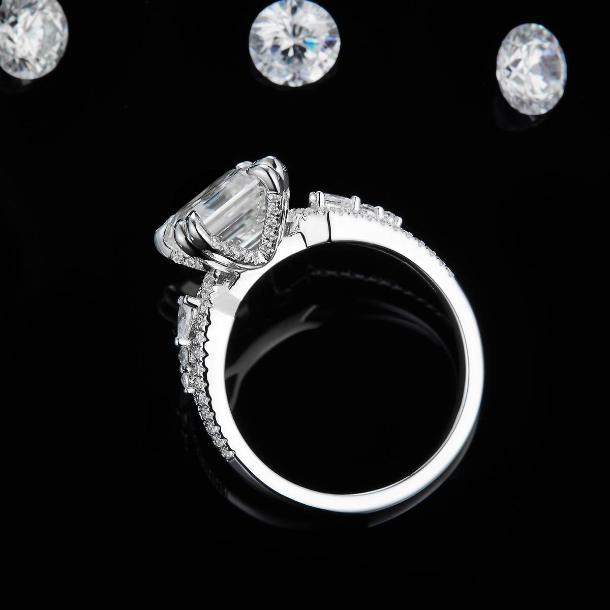 Light Luxury Square Diamond Women's Ring S925 Silver Plated Platinum Customized Selection Main Stone Moissanite 2.5ct/Side Stone Cubic Zirconia