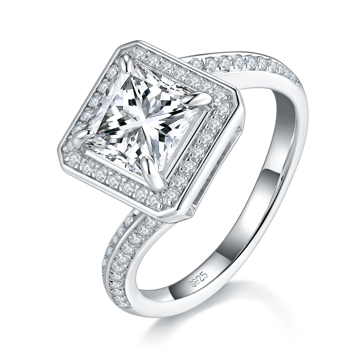 扭臂方钻女戒S925银镀白金定制选款主石莫桑钻2.0ct/副石高碳钻
