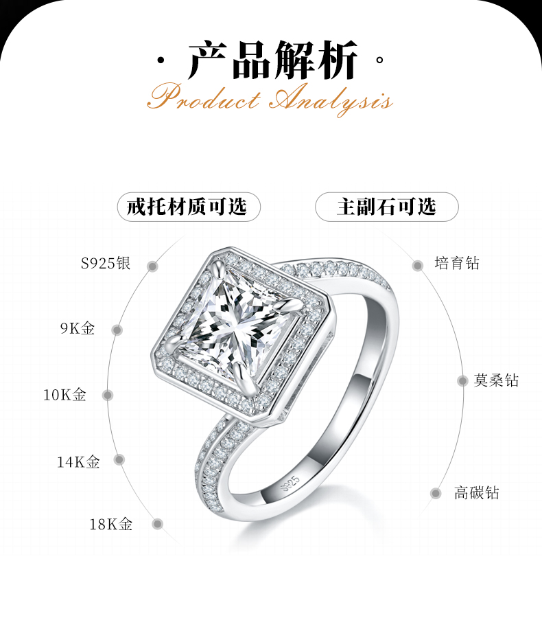 扭臂方钻女戒S925银镀白金定制选款主石莫桑钻2.0ct/副石高碳钻 - 2
